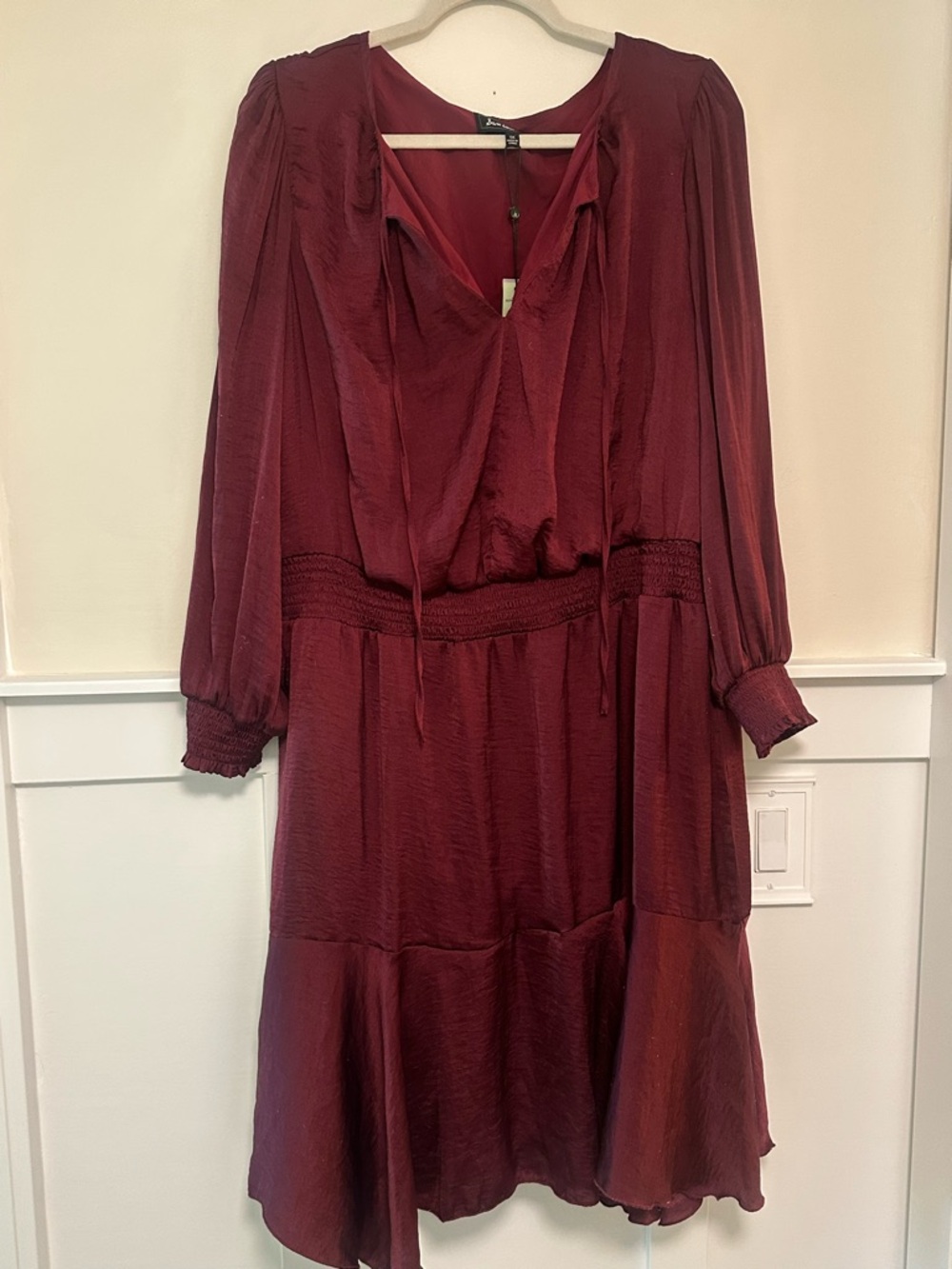 Sam Edelman - Burgundy Long-Sleeve Midi Dress with Smocked Waist